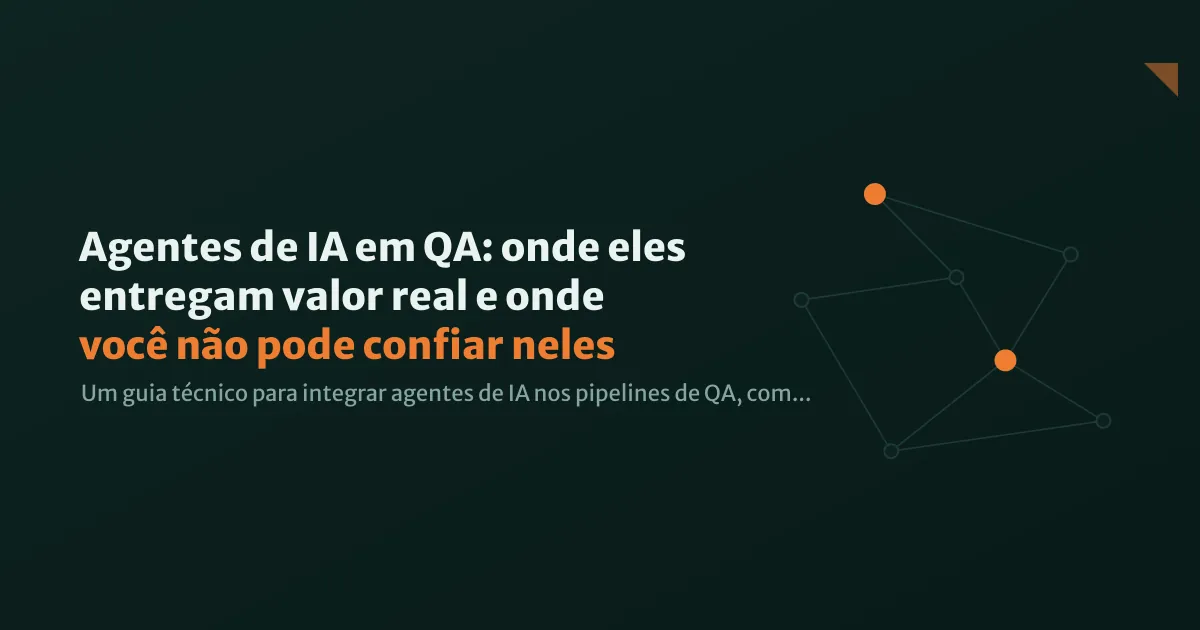 Ilustração abstrata de um pipeline de CI/CD com nodes de IA conectados, representando automação de QA