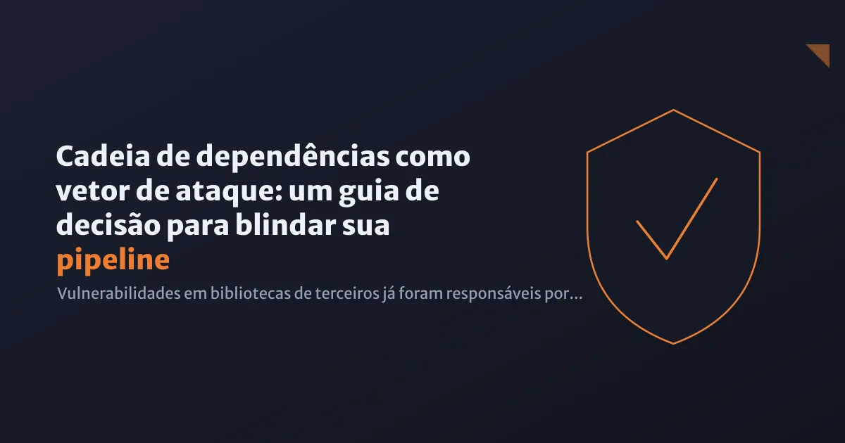 Ilustração abstrata de uma corrente de elos representando dependências de software, com códigos e símbolos de segurança ao fundo, em tons de azul e cinza