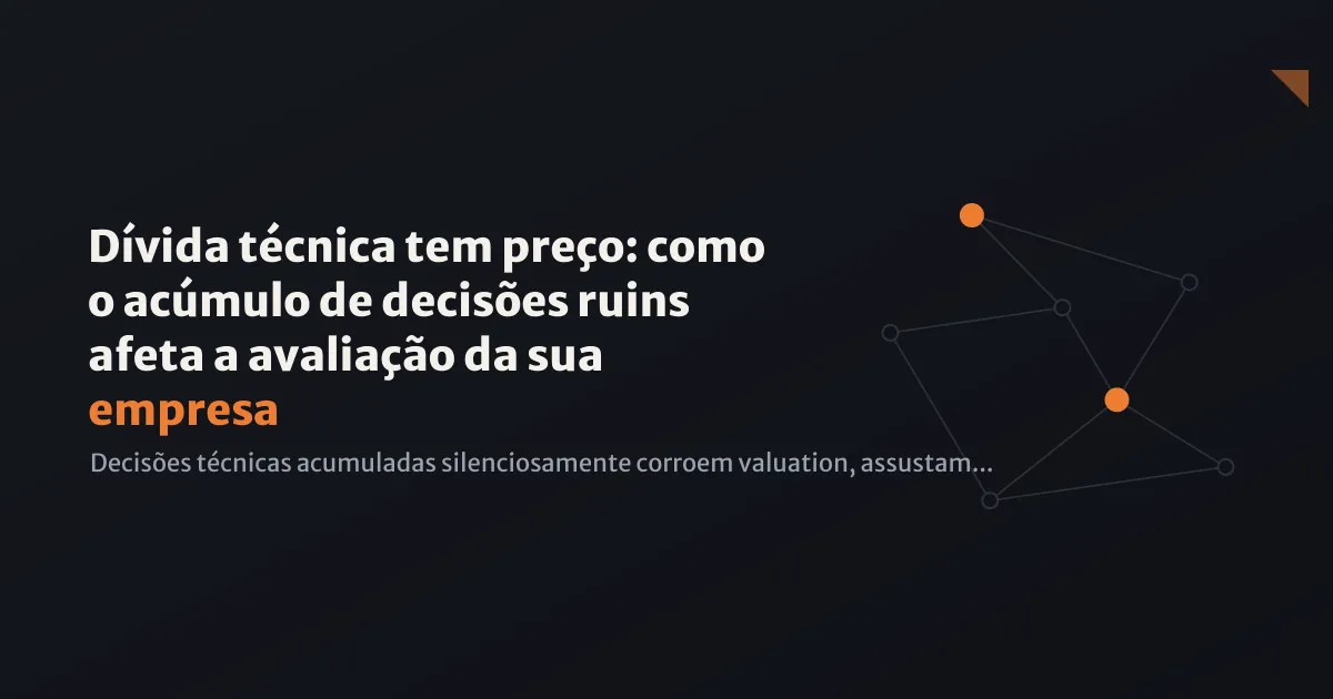 Visão de um CFO olhando planilhas com gráficos descendentes representando perda de valor por decisões técnicas ruins