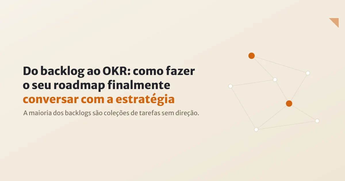 Equipe de produto olhando um quadro kanban conectado a um painel de métricas de negócios com setas indicando alinhamento estratégico