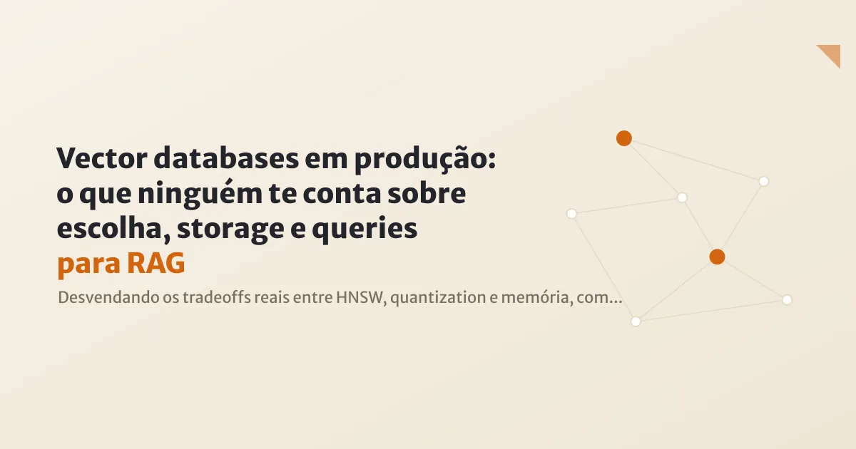 Ilustração técnica de um espaço vetorial tridimensional com pontos conectados por linhas luminosas, representando busca semântica em azul e roxo