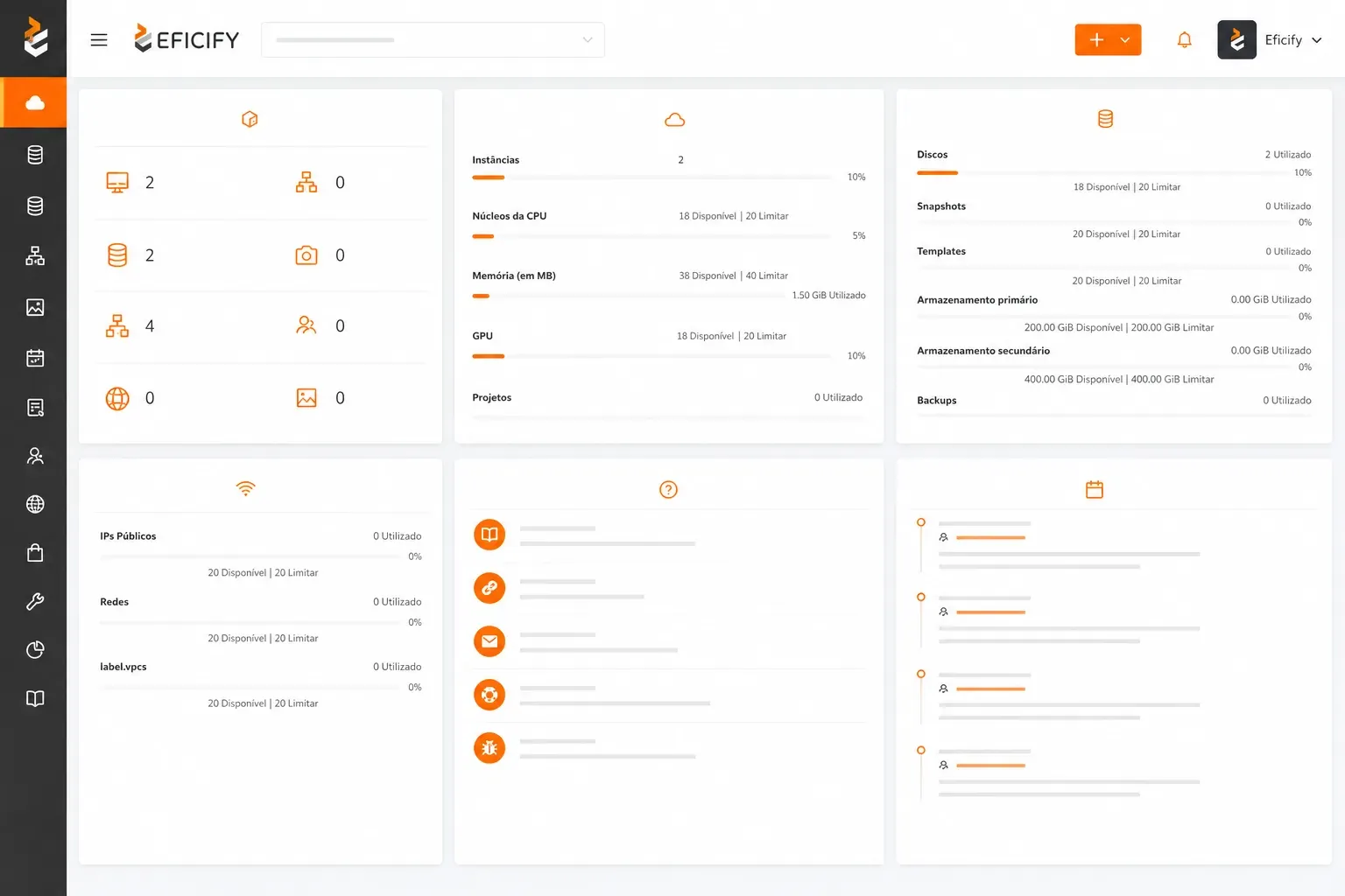 Painel da Eficify Cloud mostrando o uso de recursos das máquinas (CPU, memória e disco)